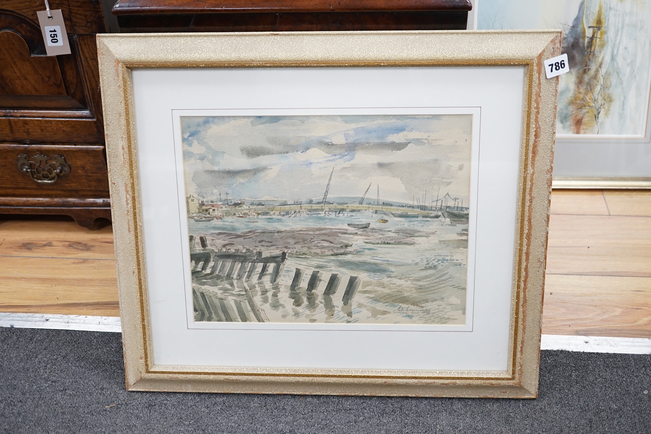 Peter Cumming R.B.A. (1916-1993) ink and watercolour, Shoreham Harbour, signed and dated 1954, various labels including exhibition label verso, 27 x 36cm